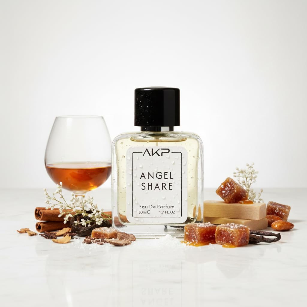 AKP Angel Share Eau De Parfum 50ml | Long Lasting Woody Vanilla Warm Spicy Perfume for Men & Women | Cognac, Cinnamon, Tonka Bean, Sandalwood & Praline Notes | Unisex EDP Fragrance