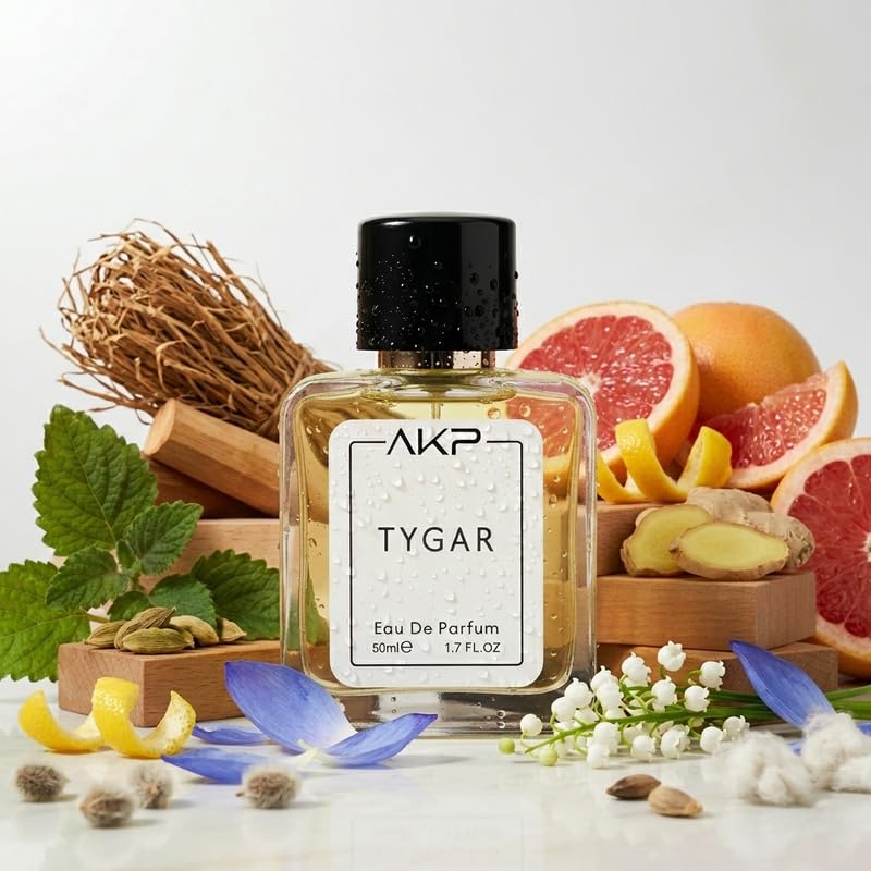 AKP TYGAR Eau De Parfum 50ml | Citrus Musky Amber Fresh Spicy Perfume | Long Lasting Unisex Fragrance | Grapefruit Ginger Woody Musk Scent