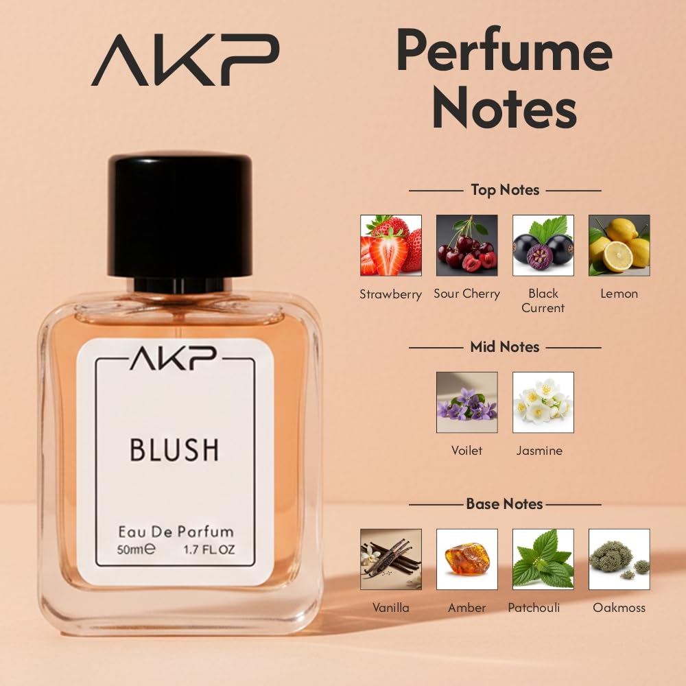 AKP Blush Perfume for Women 50ml | Long Lasting Eau De Parfum | Fruity Sweet Woody Powdery Fragrance with Strawberry, Vanilla, Jasmine and Musk