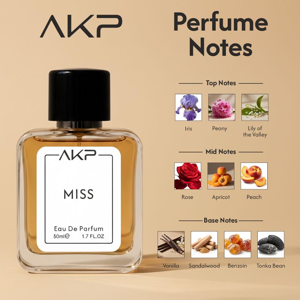 AKP MISS Eau De Parfum for Women 50 ml | Citrus Rose Woody Sweet Perfume | Long Lasting Floral Fragrance | Premium Iris Peony Bouquet | Designer Perfume Inspired Spray