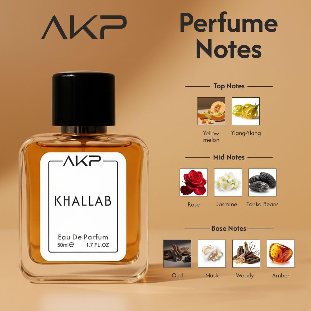 AKP KHALLAB | Oud Citrus Woody Perfume | Long Lasting Intense Unisex Eau De Parfum | Warm Spicy, Rose & Amber Notes | 50ml