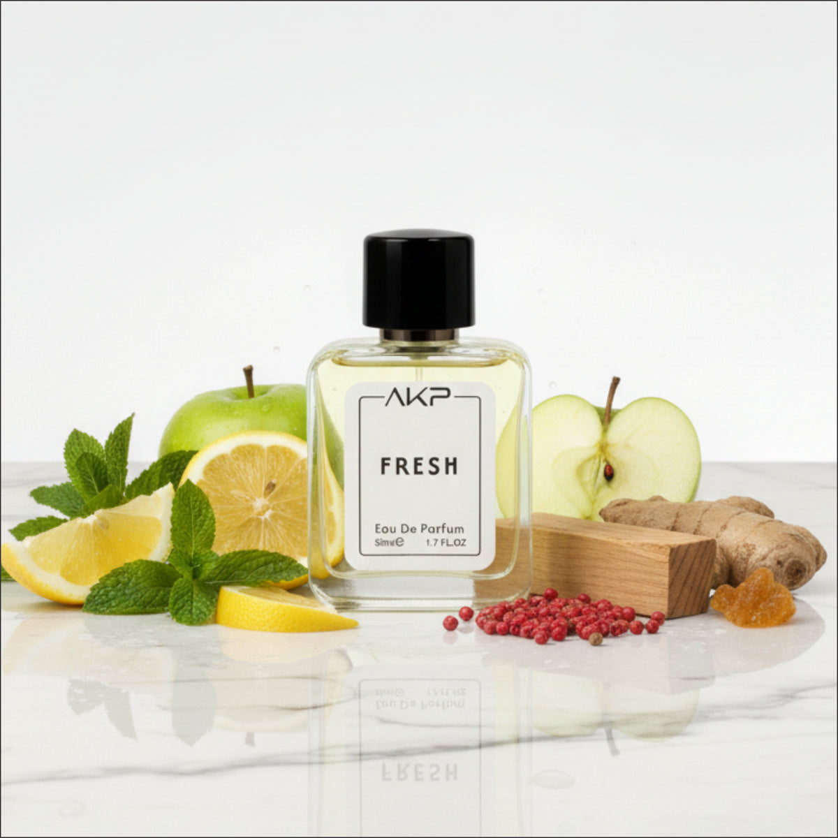 AKP BOMBSHELL perfume bottle on a minimalist display pedestal