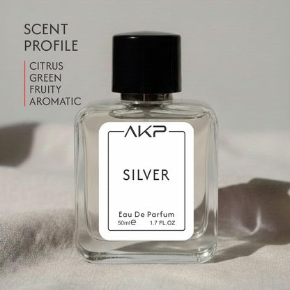 AKP SILVER Eau De Parfum 50ml | Citrus Green Fruity Aromatic Perfume | Long Lasting Unisex Fragrance | Gentle Yet Noticeable Aura Scent With Bergamot Green Tea Musk Notes