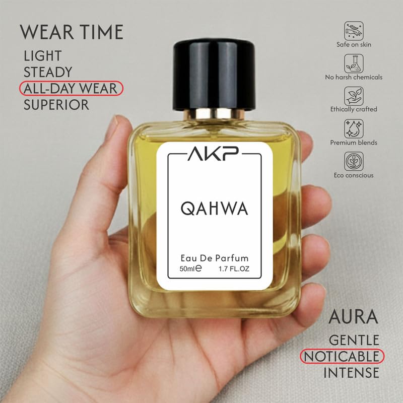 AKP QAHWA Eau De Parfum 50ml | Warm Spicy Sweet Vanilla Coffee Perfume | Long Lasting Unisex Fragrance | Noticeable Aura Scent With Cinnamon Cardamom Notes For Daily Wear