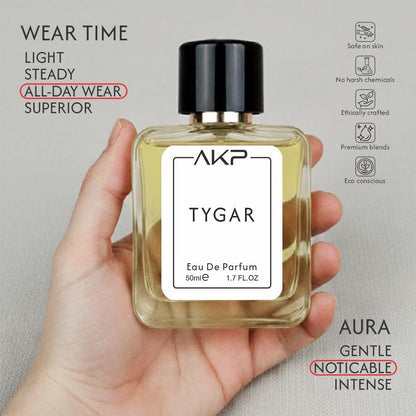 AKP TYGAR Eau De Parfum 50ml | Citrus Musky Amber Fresh Spicy Perfume | Long Lasting Unisex Fragrance | Grapefruit Ginger Woody Musk Scent