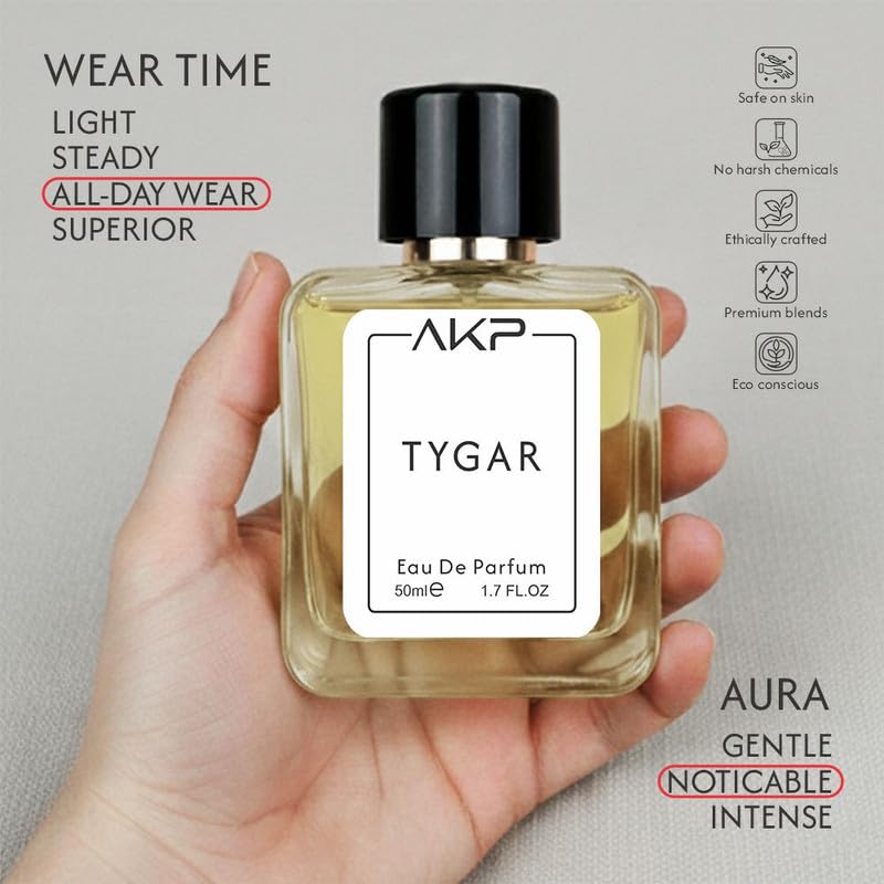 AKP TYGAR Eau De Parfum 50ml | Citrus Musky Amber Fresh Spicy Perfume | Long Lasting Unisex Fragrance | Grapefruit Ginger Woody Musk Scent