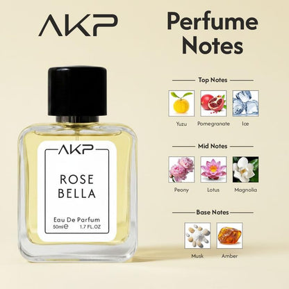 AKP ROSE BELLA Eau De Parfum 50ml | Floral Citrus Fresh Woody Perfume | Long Lasting Unisex Fragrance | Gentle Yet Noticeable Aura Scent With Rose Peony Amber Musk Notes