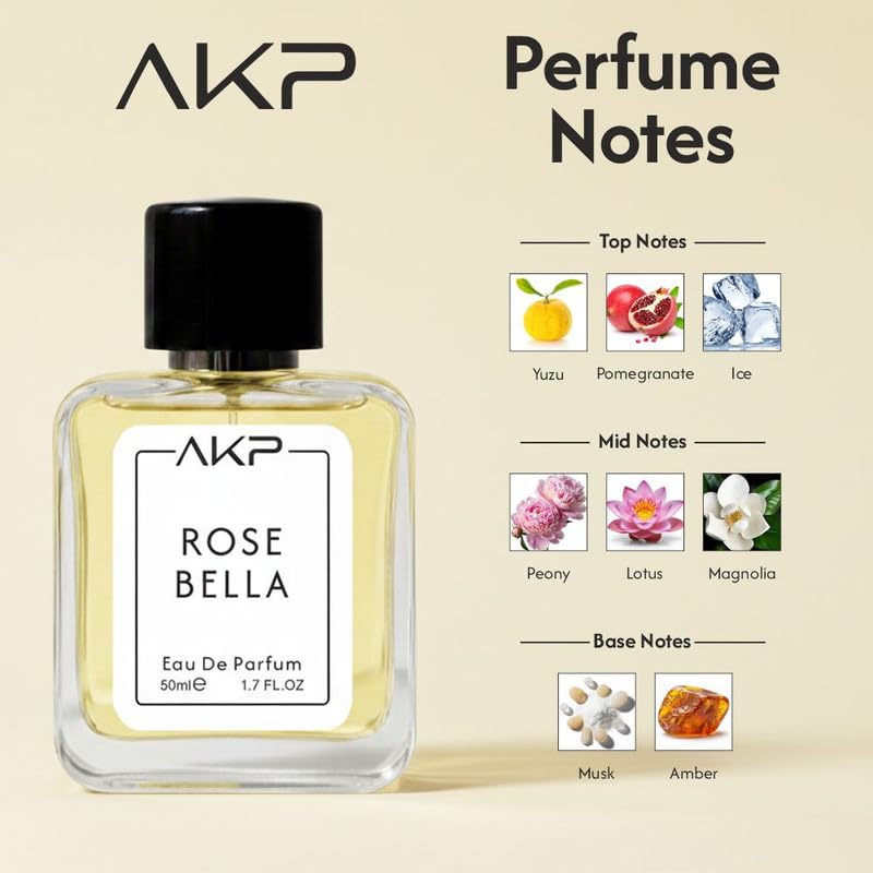 AKP ROSE BELLA Eau De Parfum 50ml | Floral Citrus Fresh Woody Perfume | Long Lasting Unisex Fragrance | Gentle Yet Noticeable Aura Scent With Rose Peony Amber Musk Notes