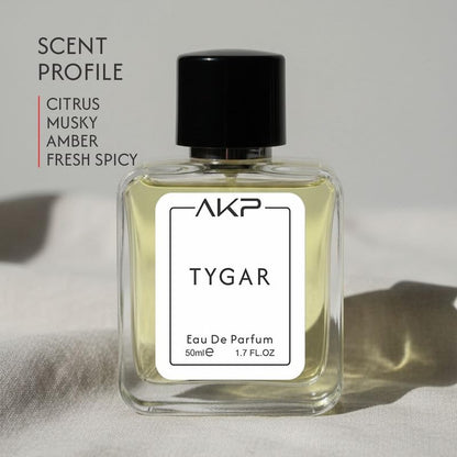 AKP TYGAR Eau De Parfum 50ml | Citrus Musky Amber Fresh Spicy Perfume | Long Lasting Unisex Fragrance | Grapefruit Ginger Woody Musk Scent
