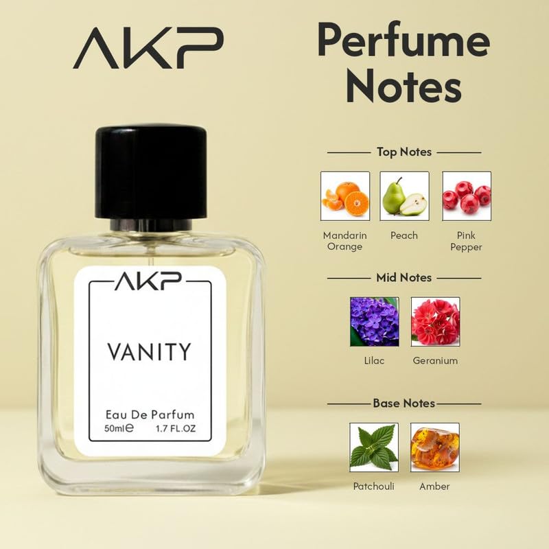 AKP VANITY Eau De Parfum 50ml | Citrus Floral Fruity Perfume | Long Lasting Unisex Fragrance | Fresh Mandarin Peach Amber Scent With Patchouli Notes