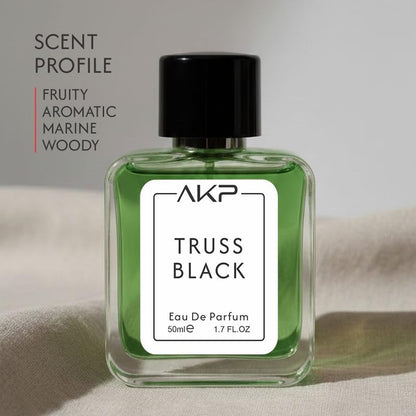 AKP TRUSS BLACK Eau De Parfum 50ml | Fruity Aromatic Marine Woody Perfume | Long Lasting Unisex Fragrance | Fresh Citrus Marine Scent With Leather Vetiver Notes