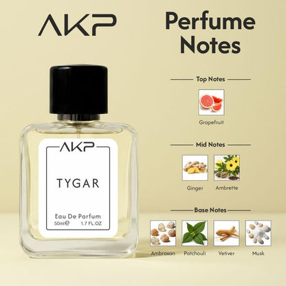 AKP TYGAR Eau De Parfum 50ml | Citrus Musky Amber Fresh Spicy Perfume | Long Lasting Unisex Fragrance | Grapefruit Ginger Woody Musk Scent