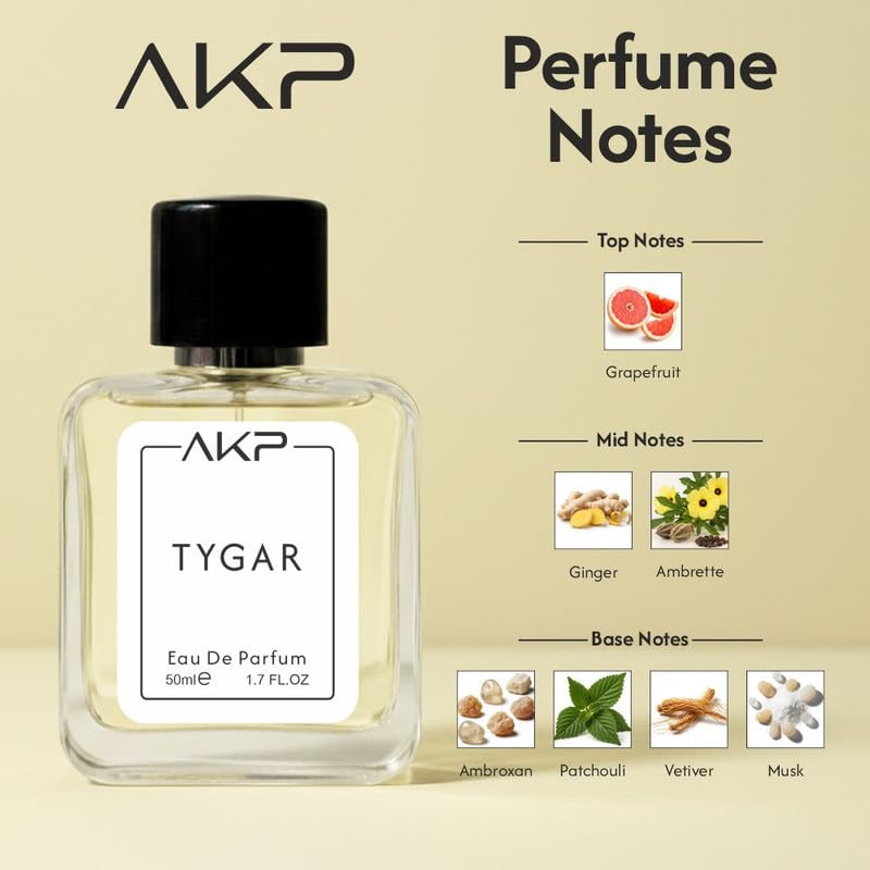 AKP TYGAR Eau De Parfum 50ml | Citrus Musky Amber Fresh Spicy Perfume | Long Lasting Unisex Fragrance | Grapefruit Ginger Woody Musk Scent