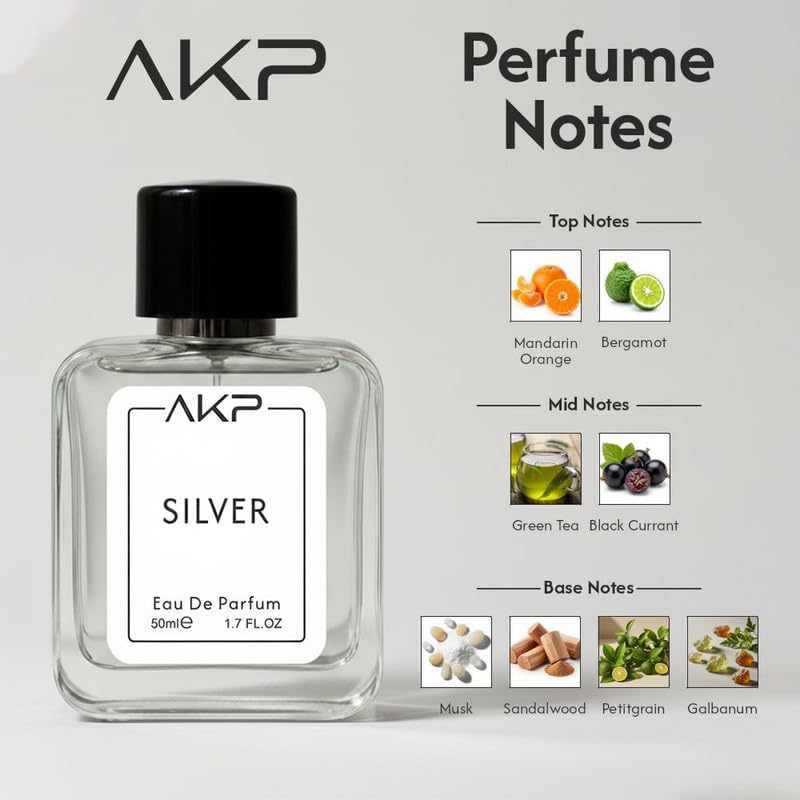 AKP SILVER Eau De Parfum 50ml | Citrus Green Fruity Aromatic Perfume | Long Lasting Unisex Fragrance | Gentle Yet Noticeable Aura Scent With Bergamot Green Tea Musk Notes