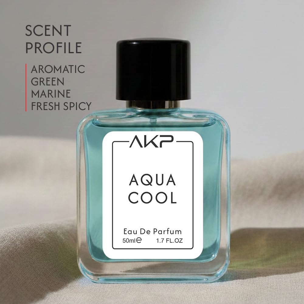 AKP Aqua Cool Perfume for Men 50ml | Long Lasting Eau De Parfum | Aromatic Green Marine Fresh Spicy Fragrance with Sea Water, Mint, Lavender & Cedar Notes