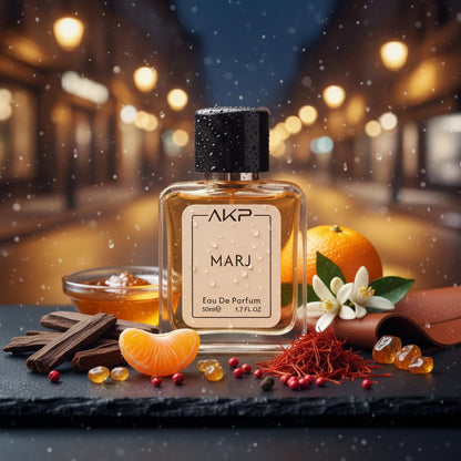 AKP MARJ Eau De Parfum for Men & Women 50 ml - Woody Oud Honey Saffron Scent - Premium Long Lasting Unisex Fragrance - Evening Date Night Spray - Designer Inspired Cologne