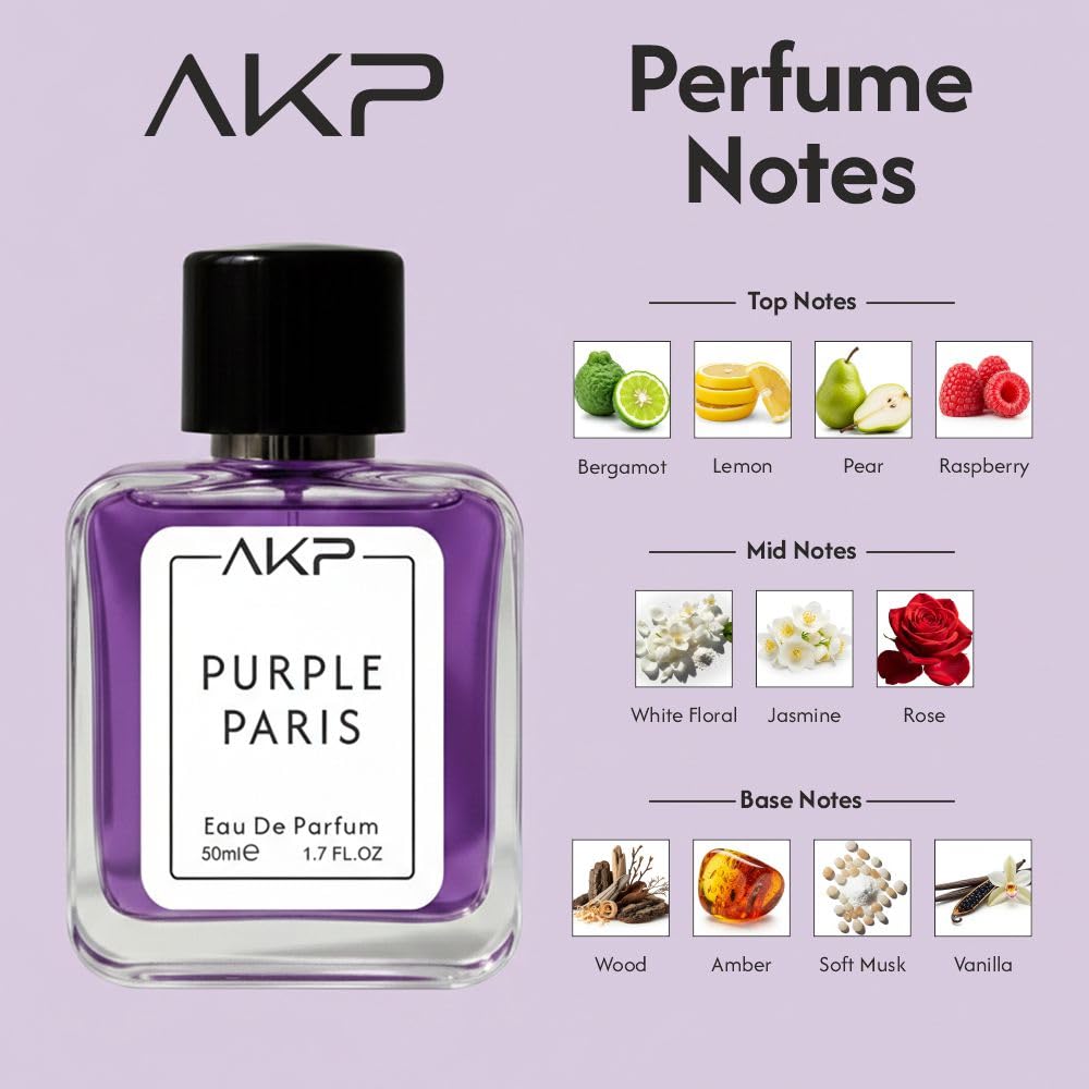 AKP PURPLE PARIS Eau De Parfum for Women 50ml | Citrus Fruity White Floral Perfume | Long Lasting Sweet Cologne | Jasmine Rose Scent | Signature Modern Parisian Fragrance Spray