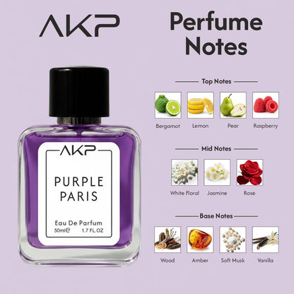 AKP PURPLE PARIS Eau De Parfum for Women 50ml | Citrus Fruity White Floral Perfume | Long Lasting Sweet Cologne | Jasmine Rose Scent | Signature Modern Parisian Fragrance Spray