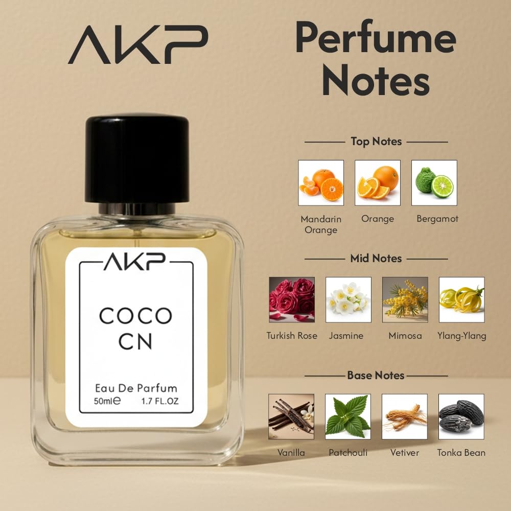 AKP Coco CN Perfume for Women 50ml | Long Lasting Eau De Parfum | Citrus Woody Patchouli Sweet Fragrance with Rose, Jasmine, Vanilla and White Musk