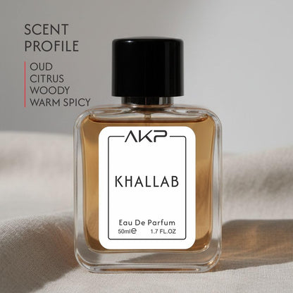AKP KHALLAB | Oud Citrus Woody Perfume | Long Lasting Intense Unisex Eau De Parfum | Warm Spicy, Rose & Amber Notes | 50ml