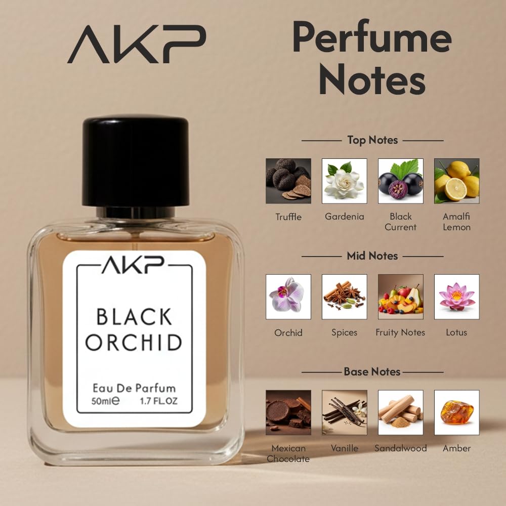 AKP Black Orchid Perfume for Women 50ml | Long Lasting Eau De Parfum | Warm Spicy Earthy Woody Fragrance with Patchouli, Orchid, Amber and Sandalwood