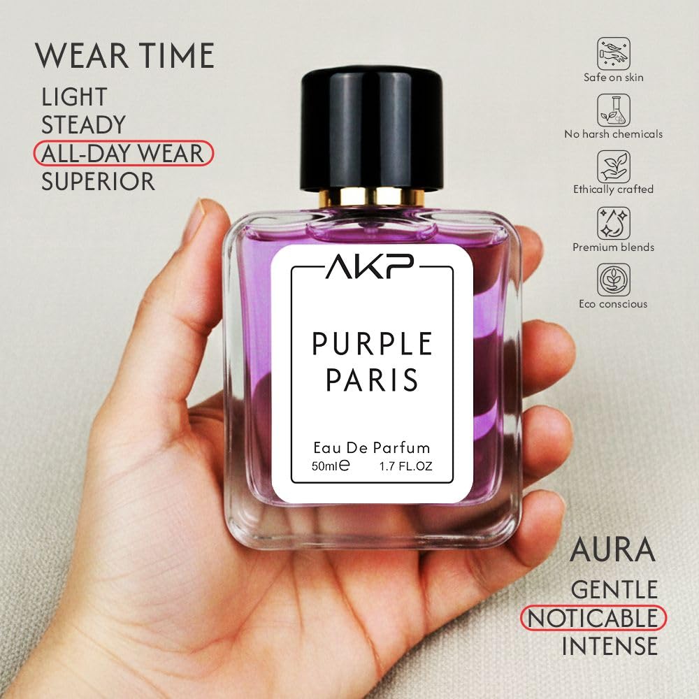 AKP PURPLE PARIS Eau De Parfum for Women 50ml | Citrus Fruity White Floral Perfume | Long Lasting Sweet Cologne | Jasmine Rose Scent | Signature Modern Parisian Fragrance Spray