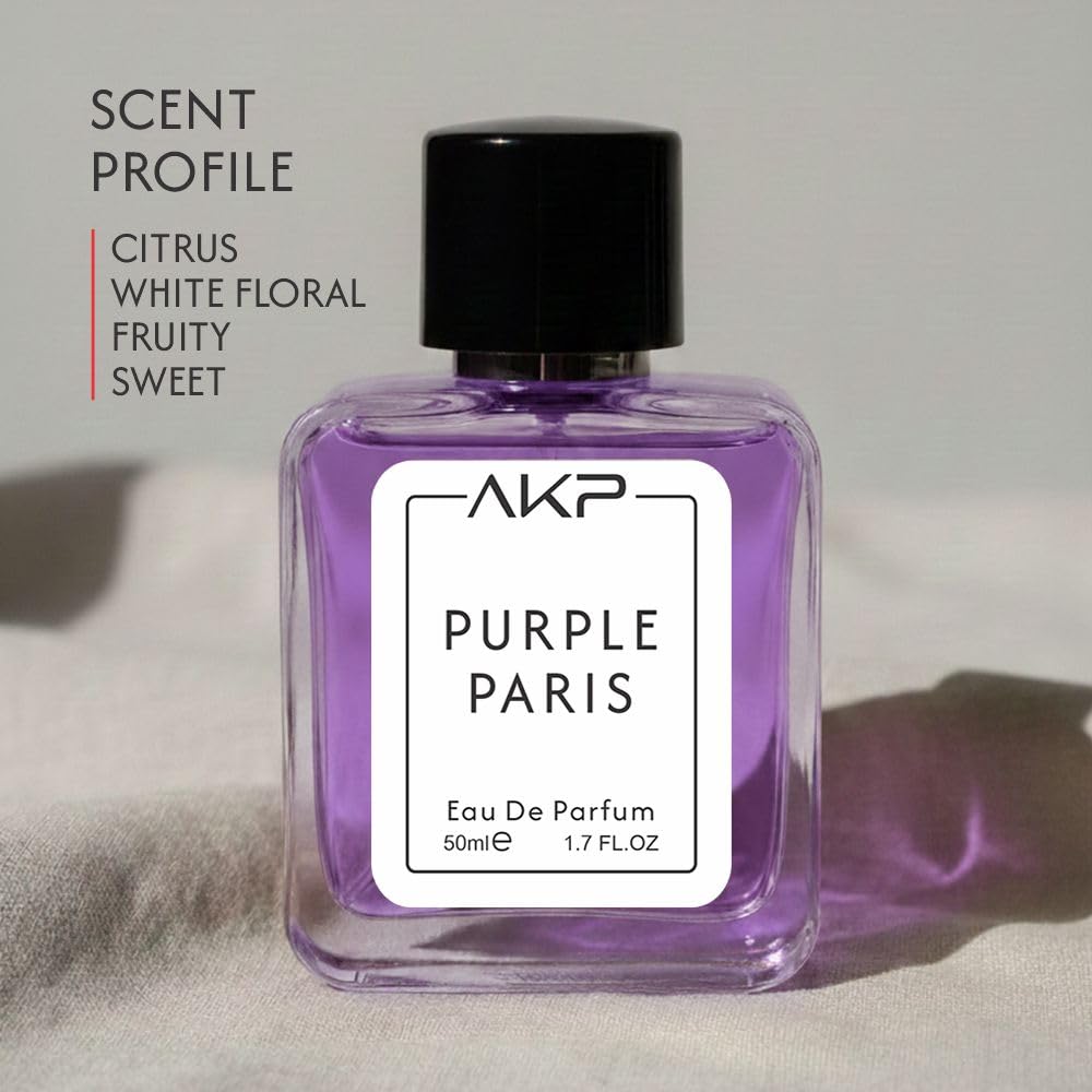 AKP PURPLE PARIS Eau De Parfum for Women 50ml | Citrus Fruity White Floral Perfume | Long Lasting Sweet Cologne | Jasmine Rose Scent | Signature Modern Parisian Fragrance Spray