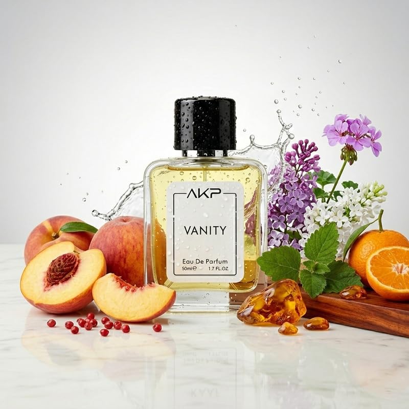 AKP VANITY Eau De Parfum 50ml | Citrus Floral Fruity Perfume | Long Lasting Unisex Fragrance | Fresh Mandarin Peach Amber Scent With Patchouli Notes