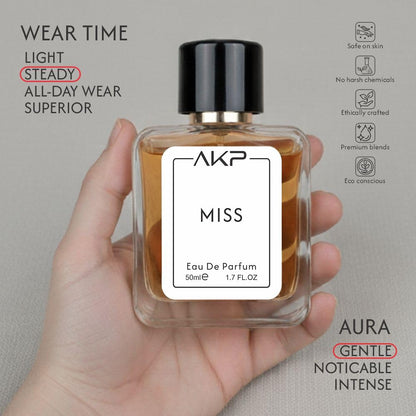 AKP MISS Eau De Parfum for Women 50 ml | Citrus Rose Woody Sweet Perfume | Long Lasting Floral Fragrance | Premium Iris Peony Bouquet | Designer Perfume Inspired Spray