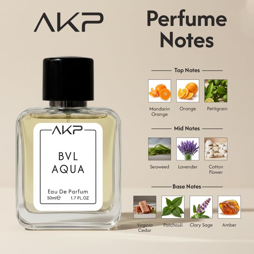 AKP BVL Aqua Perfume for Men 50ml | Long Lasting Eau De Parfum | Citrus Marine Aquatic Fragrance with Mandarin Orange, Lavender, Seaweed and Cedar