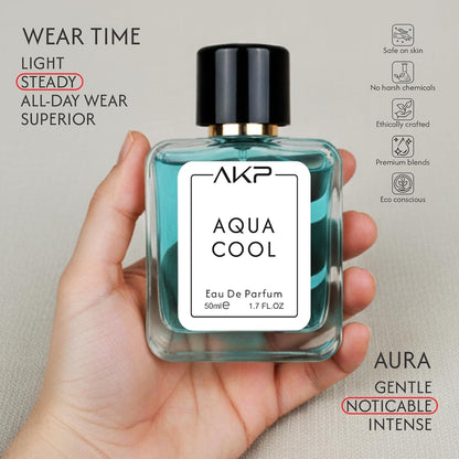 AKP Aqua Cool Perfume for Men 50ml | Long Lasting Eau De Parfum | Aromatic Green Marine Fresh Spicy Fragrance with Sea Water, Mint, Lavender & Cedar Notes
