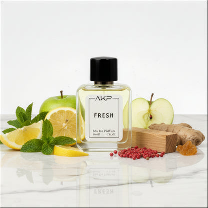 AKP FRESH perfume bottle in a decorative lifestyle setting