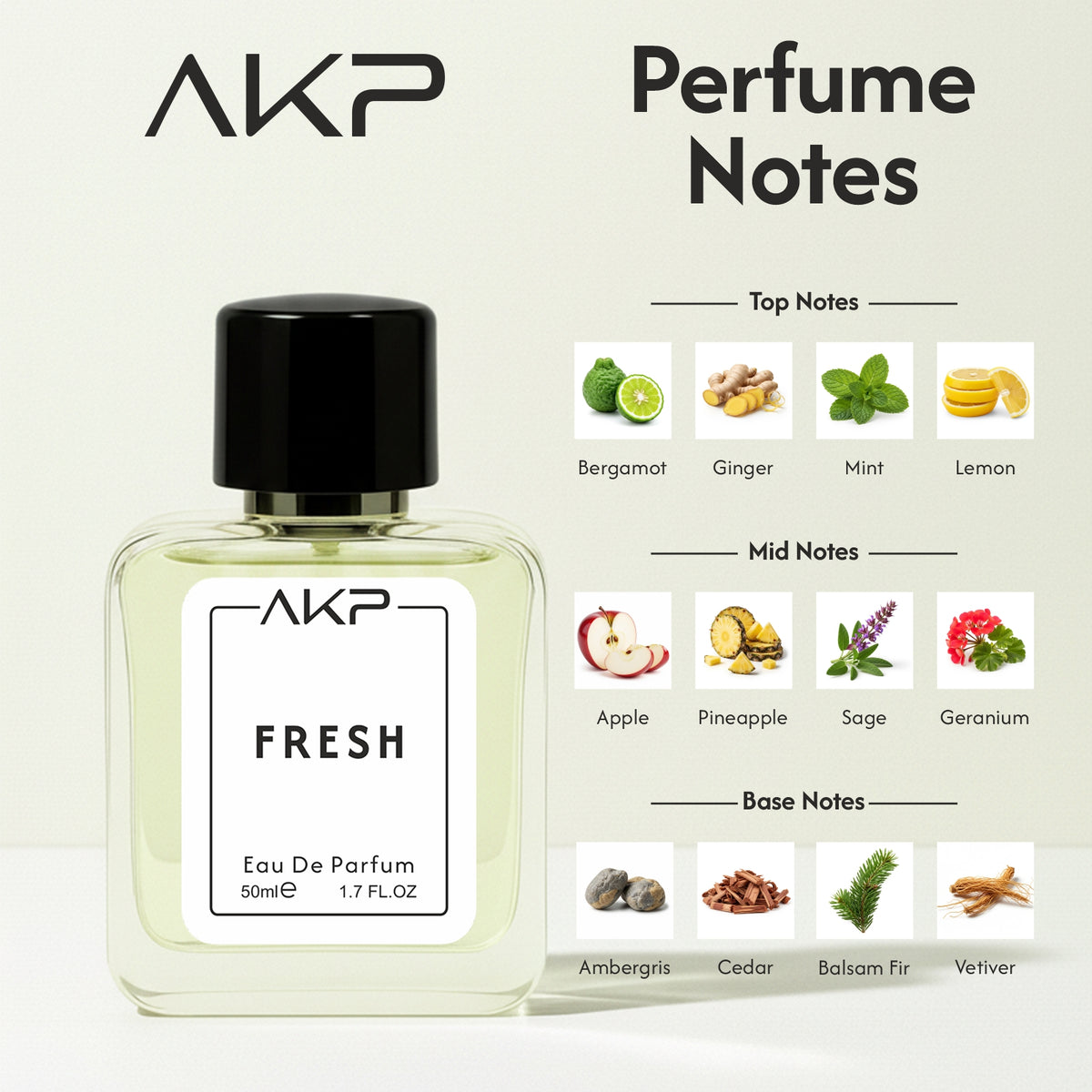 AKP FRESH perfume bottle in a styled close-up display